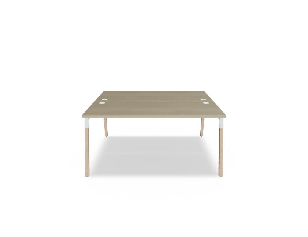 Doppelschreibtisch Ogi W Bench mit Platte in Honigeiche, Gestell aus Eschenholz und schwarzem Metallrahmen, für zwei Arbeitsplätze.