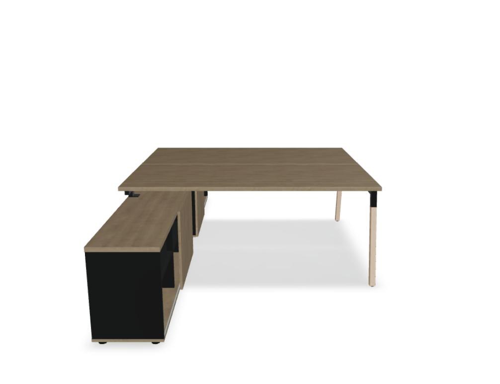 Doppelschreibtisch Ogi W Bench mit Platte in Honigeiche, Gestell aus Eschenholz und schwarzem Metallrahmen, für zwei Arbeitsplätze.