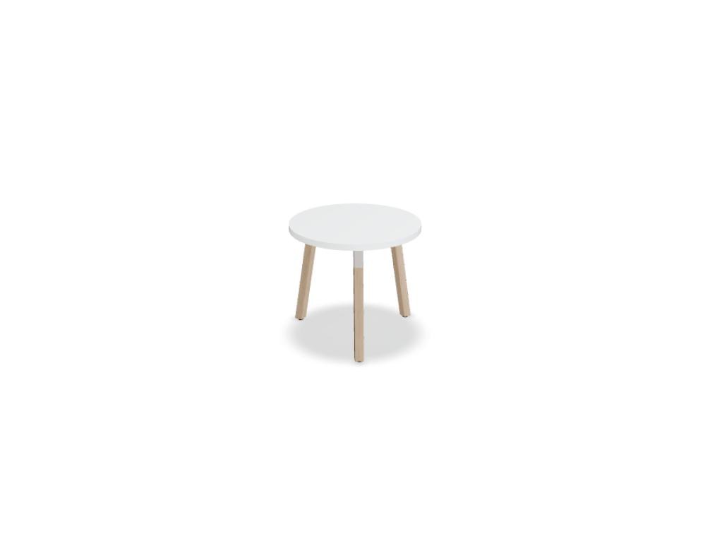 Beistelltisch Ogi W von Mdd mit weisser Melaminplatte, pulverbeschichtetem Metallgestell und Holzbeinen aus Eschenholz in minimalistischer Form.