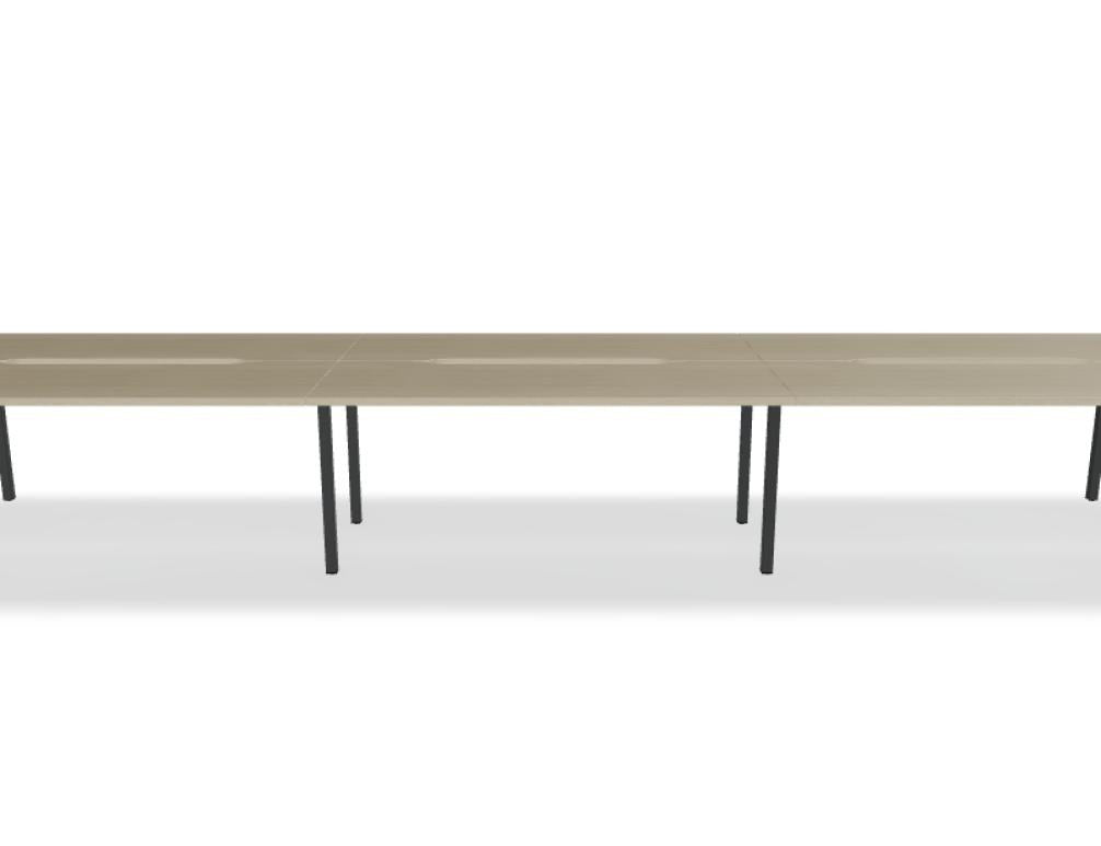 Doppelschreibtisch Ogi Y Bench von Mdd in Honigeiche mit schwarzem Metallgestell, Tischplatte für zwei Arbeitsplätze nebeneinander.