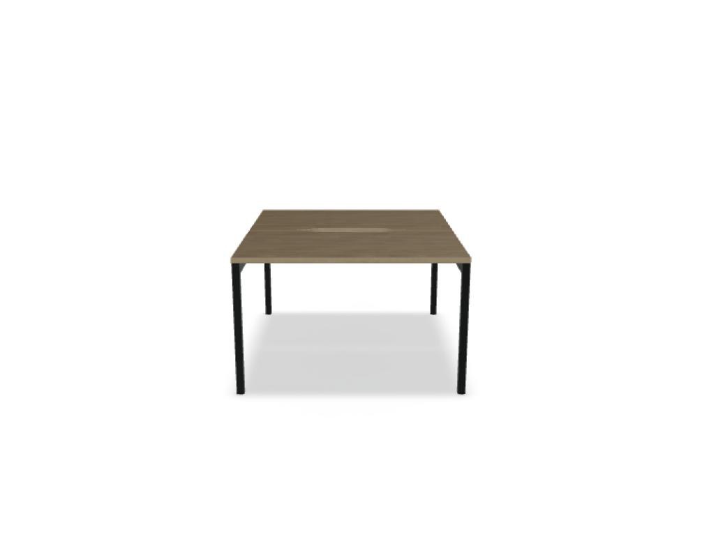Doppelschreibtisch Ogi Y Bench von Mdd in Honigeiche mit schwarzem Metallgestell, Tischplatte für zwei Arbeitsplätze nebeneinander.