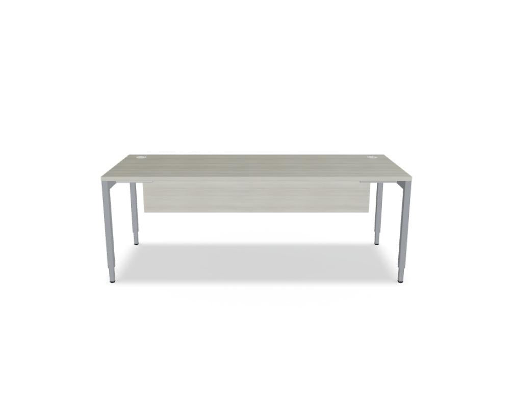 Foto des Ogi Y Schreibtisches von Mdd in Honigeiche mit schwarzem, halbmattem Metallgestell und manueller Höhenverstellung von 640 bis 860 mm.