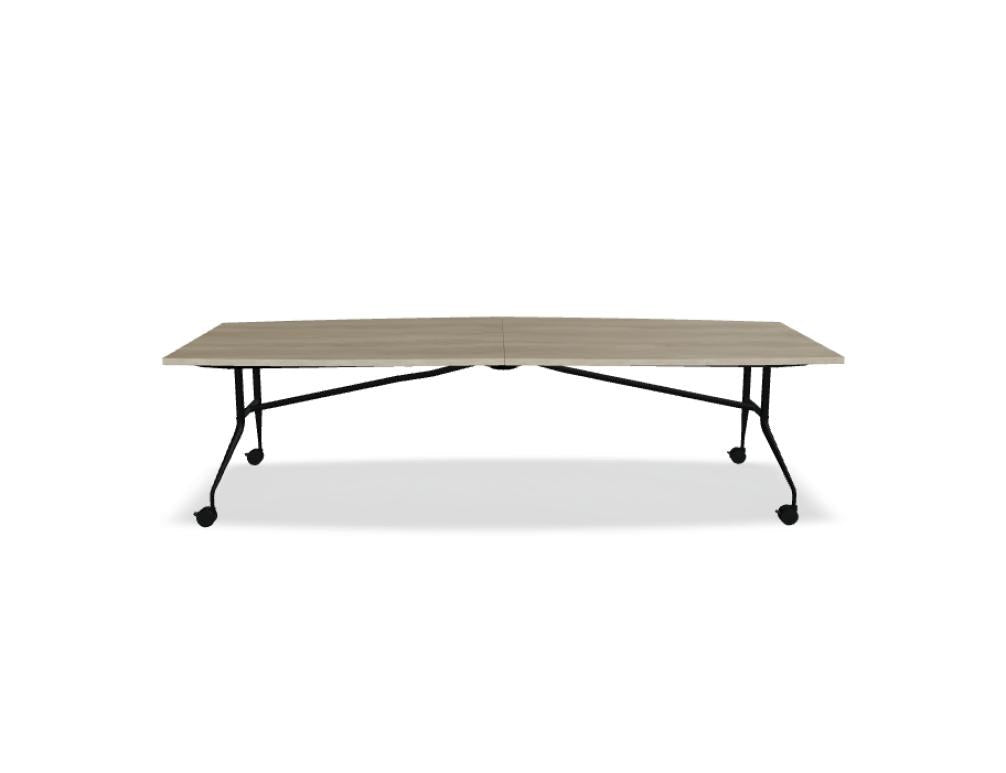 Klapptisch Plica von Mdd mit Tischplatte in Eiche Natur, schwarzem Stahlgestell und Rollen mit Bremse, zusammenklappbar.