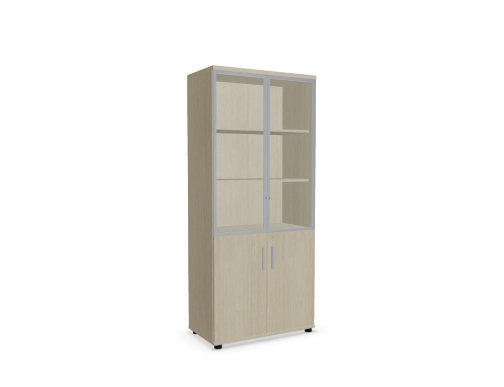 Vitrine Quando von Mdd mit Glastüren, Aluminiumrahmen, Korpus aus Melaminplatte in Kanadischer Eiche und Aluminiumgriffen.