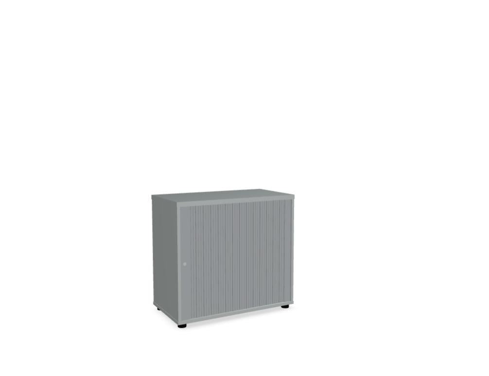 Weisser Büroschrank Standard von Mdd mit Rollladenfront, Korpus in Weiss Pastell, Ober- und Bodenplatte in Eiche Natur, mit Füssen.