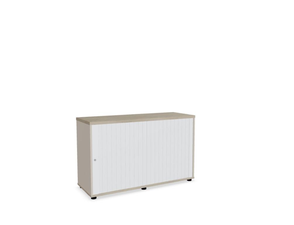 Weisser Büroschrank Standard von Mdd mit Rollladenfront, Korpus in Weiss Pastell, Ober- und Bodenplatte in Eiche Natur, mit Füssen.