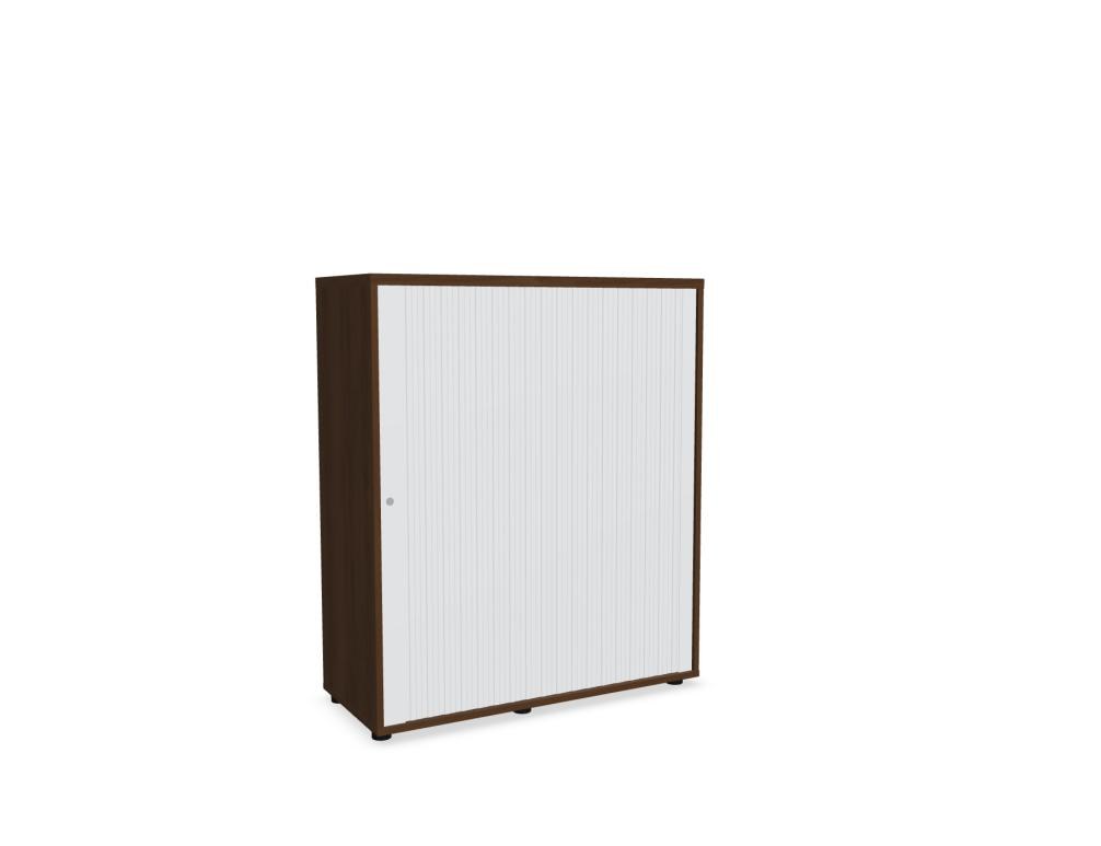 Weisser Büroschrank Standard von Mdd mit Rollladenfront, Korpus in Weiss Pastell, Ober- und Bodenplatte in Eiche Natur, mit Füssen.