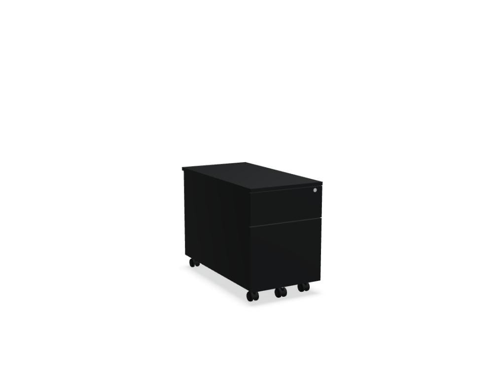 Rollcontainer der Standard-Serie von Mdd, Korpus und Oberplatte in Weiss Pastell, Front in Eiche Natur, mit Rollen und Aluminiumgriffen.