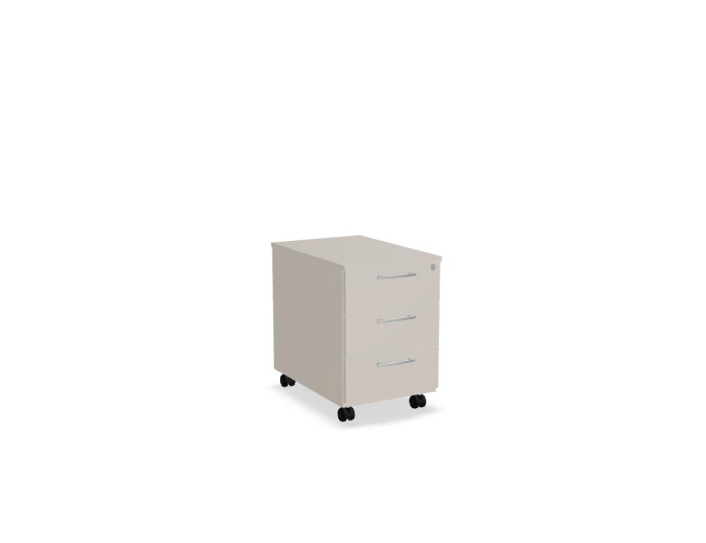 Rollcontainer der Standard-Serie von Mdd, Korpus und Oberplatte in Weiss Pastell, Front in Eiche Natur, mit Rollen und Aluminiumgriffen.