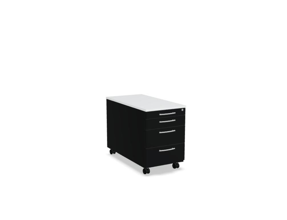 Rollcontainer der Standard-Serie von Mdd, Korpus und Oberplatte in Weiss Pastell, Front in Eiche Natur, mit Rollen und Aluminiumgriffen.