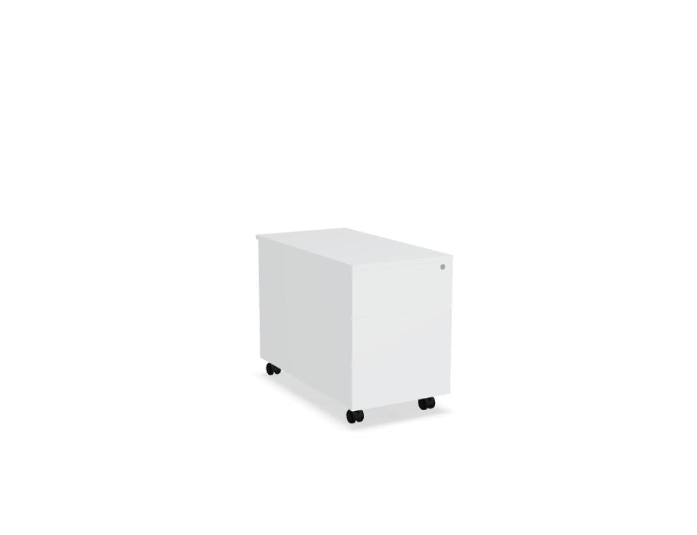 Rollcontainer der Standard-Serie von Mdd, Korpus und Oberplatte in Weiss Pastell, Front in Eiche Natur, mit Rollen und Aluminiumgriffen.