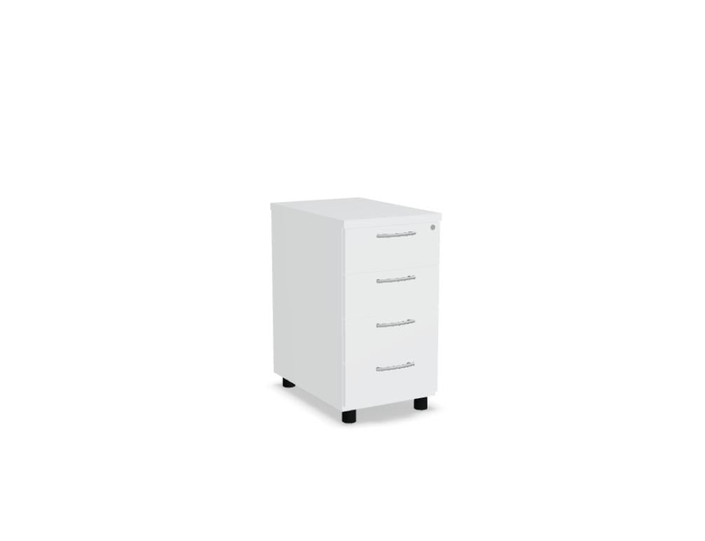 Schwarzer Standcontainer mit mehreren Schubladen, Melaminplatte, Aluminiumgriff und Rollen, freistehend im Büro.