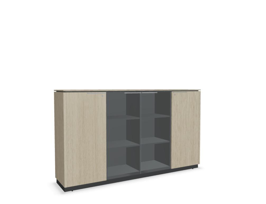 Vitrine Status von Mdd in Anthrazit mit Glastür aus Klarhartglas, Aluminium-Griffen und Korpus aus Melaminplatte, seitliche Ansicht.