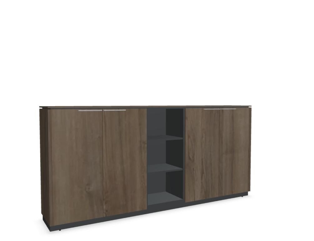 Halbregal der Serie Status von Mdd in Anthrazit mit offenen Fachböden, geschlossenem Schrankteil und Aluminiumgriffen als Standregal.