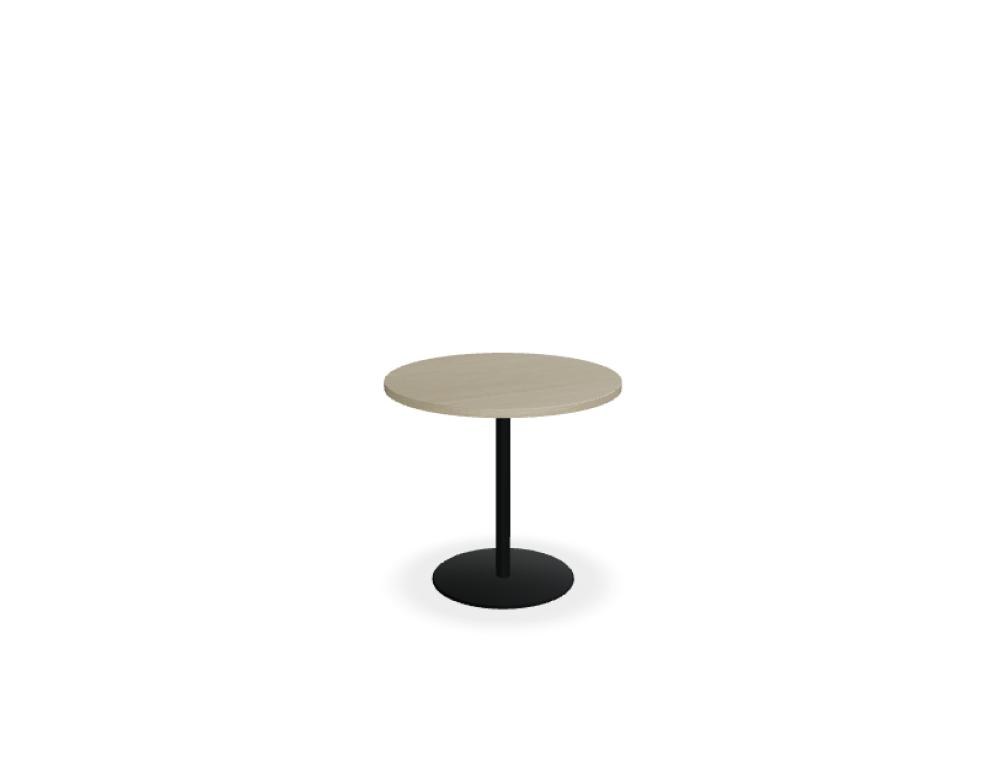 Runder Kaffeetisch Tack von Mdd mit Melaminplatte in Honigeiche und schwarzem Metallgestell mit Tellerfuss, Frontalansicht.