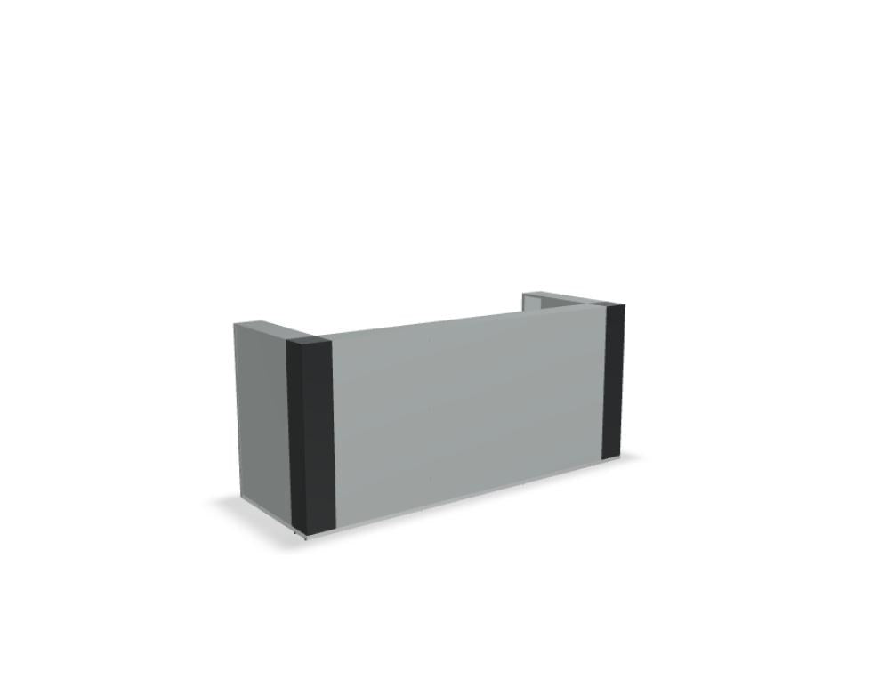 Modulare Empfangstheke Tera aus weisser Melaminplatte mit HPL-Hochglanz-Aufsatz, Glaselement und LED-Beleuchtung, Metallgestell.