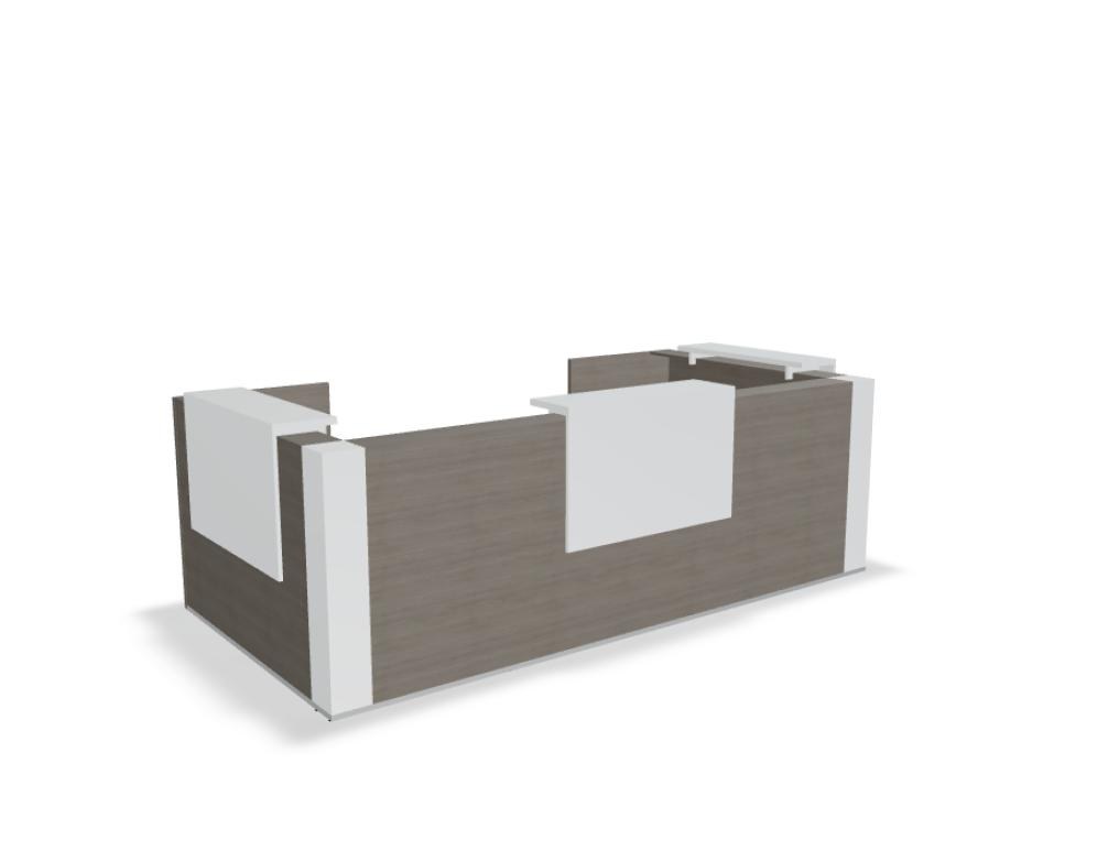 Modulare Empfangstheke Tera aus weisser Melaminplatte mit HPL-Hochglanz-Aufsatz, Glaselement und LED-Beleuchtung, Metallgestell.
