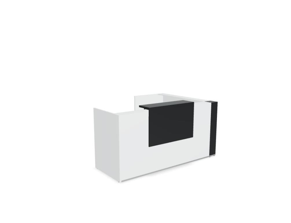 Modulare Empfangstheke Tera aus weisser Melaminplatte mit HPL-Hochglanz-Aufsatz, Glaselement und LED-Beleuchtung, Metallgestell.