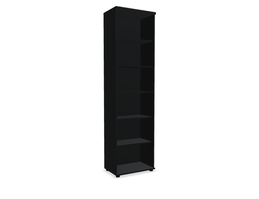 Schwarzes Standregal Basic von Mdd aus Melaminplatte mit mehreren Fachböden, geschlossener Rückwand und Stellfüssen, freistehend fotografiert.