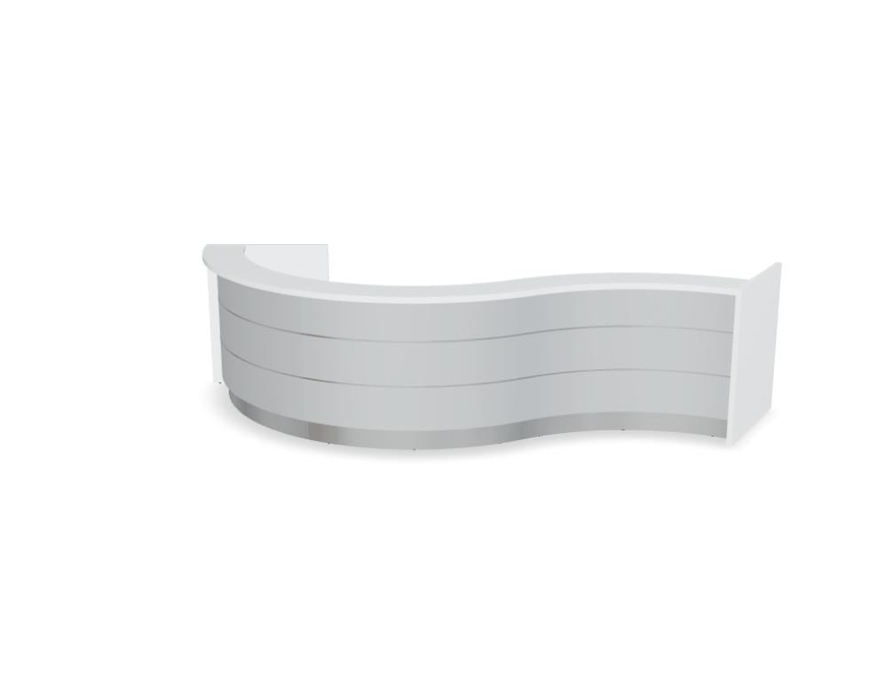 Empfangstheke Valde in Weiss Pastell mit Glas-Oberplatte, Aluminium-Dekorstreifen, HPL-Hochglanzfront und durchgehender LED-Beleuchtung an der Thekenlänge