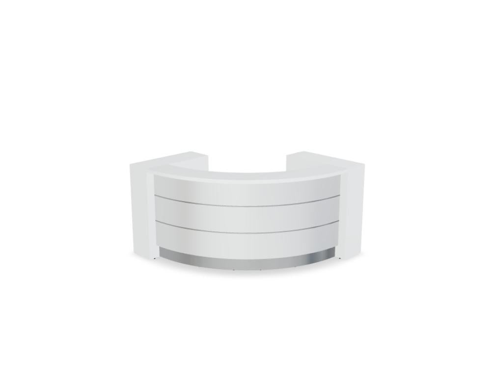 Empfangstheke Valde in Weiss Pastell mit Glas-Oberplatte, Aluminium-Dekorstreifen, HPL-Hochglanzfront und durchgehender LED-Beleuchtung an der Thekenlänge