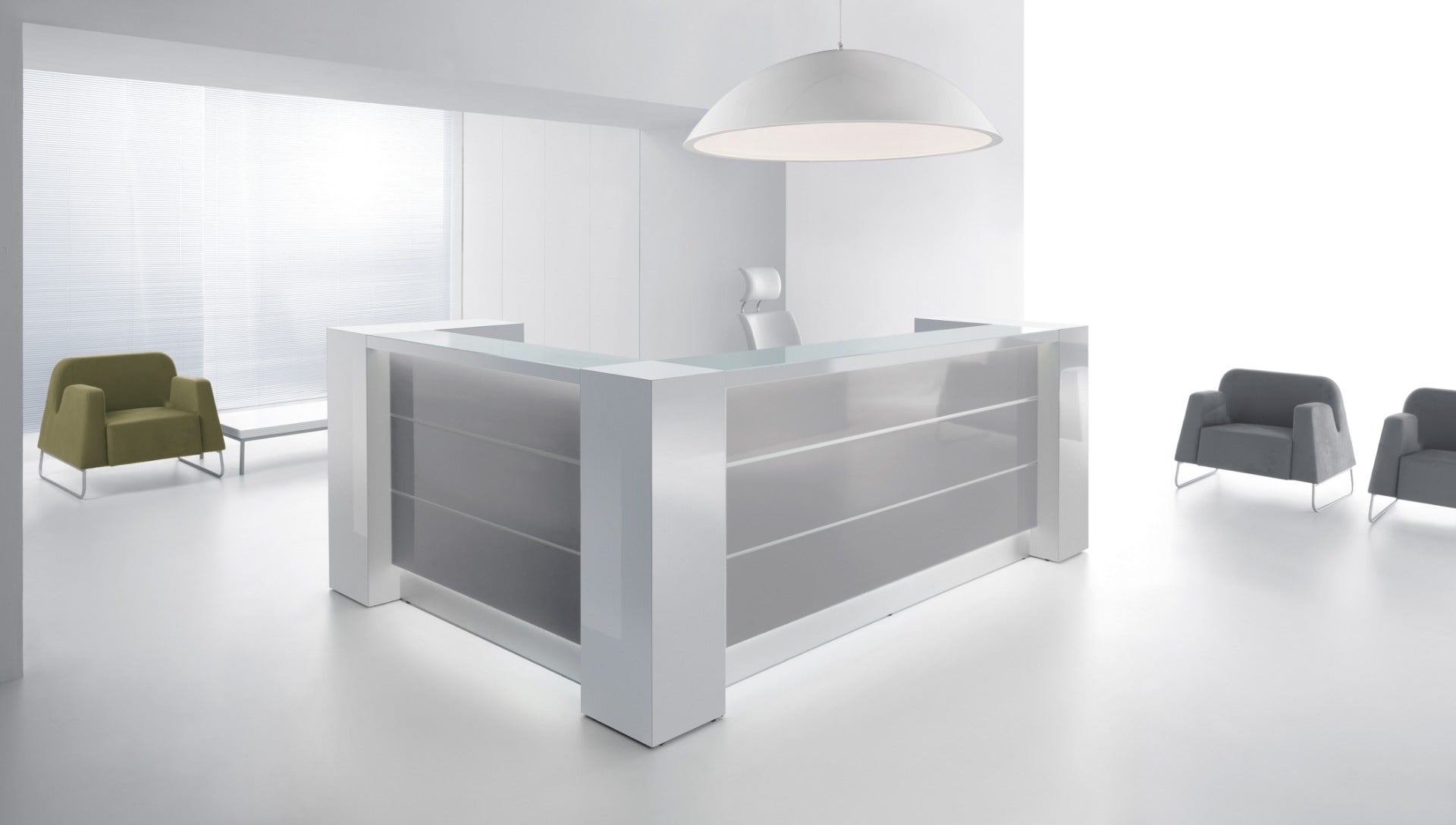 Elegante modulare Empfangstheke Valde LAV83L von Mdd, perfekt für moderne Arbeitsumgebungen, vereint Funktionalität und ansprechendes Design.