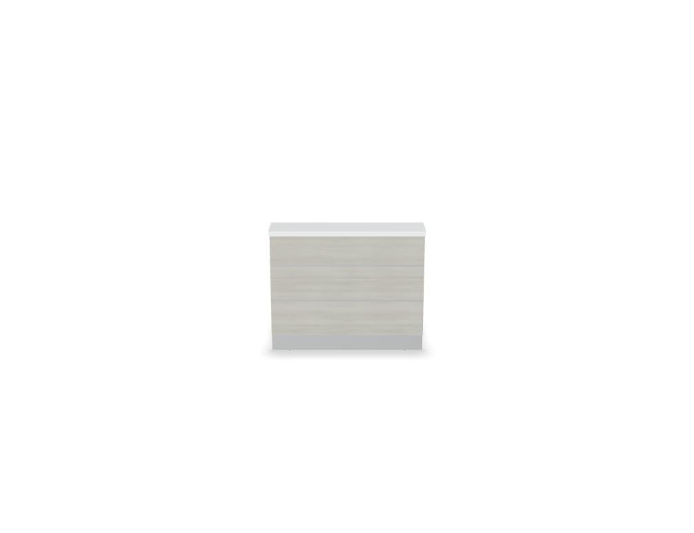 Empfangstheke Valde in Weiss Pastell mit Glas-Oberplatte, Aluminium-Dekorstreifen, HPL-Hochglanzfront und durchgehender LED-Beleuchtung an der Thekenlänge