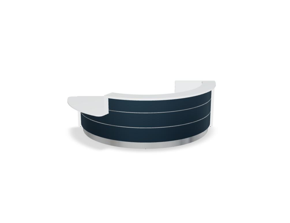 Empfangstheke Valde in Weiss Pastell mit Glas-Oberplatte, Aluminium-Dekorstreifen, HPL-Hochglanzfront und durchgehender LED-Beleuchtung an der Thekenlänge