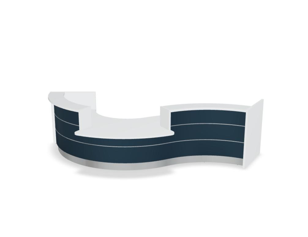 Empfangstheke Valde in Weiss Pastell mit Glas-Oberplatte, Aluminium-Dekorstreifen, HPL-Hochglanzfront und durchgehender LED-Beleuchtung an der Thekenlänge