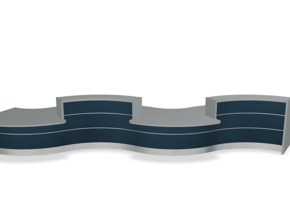 Empfangstheke Valde in Weiss Pastell mit Glas-Oberplatte, Aluminium-Dekorstreifen, HPL-Hochglanzfront und durchgehender LED-Beleuchtung an der Thekenlänge