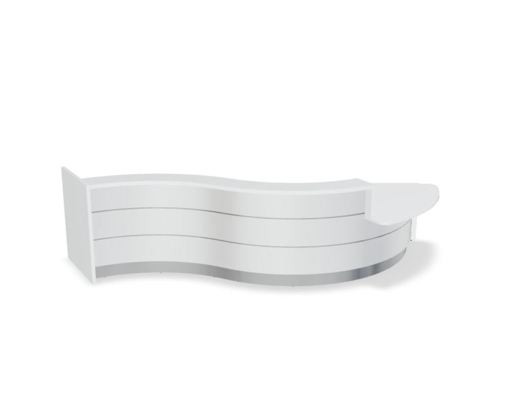 Empfangstheke Valde in Weiss Pastell mit Glas-Oberplatte, Aluminium-Dekorstreifen, HPL-Hochglanzfront und durchgehender LED-Beleuchtung an der Thekenlänge