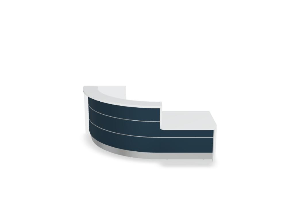 Empfangstheke Valde in Weiss Pastell mit Glas-Oberplatte, Aluminium-Dekorstreifen, HPL-Hochglanzfront und durchgehender LED-Beleuchtung an der Thekenlänge