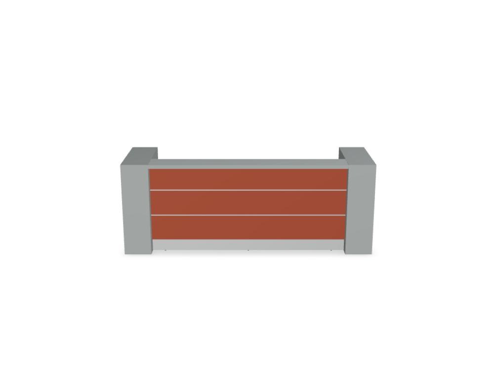 Empfangstheke Valde in Weiss Pastell mit Glas-Oberplatte, Aluminium-Dekorstreifen, HPL-Hochglanzfront und durchgehender LED-Beleuchtung an der Thekenlänge