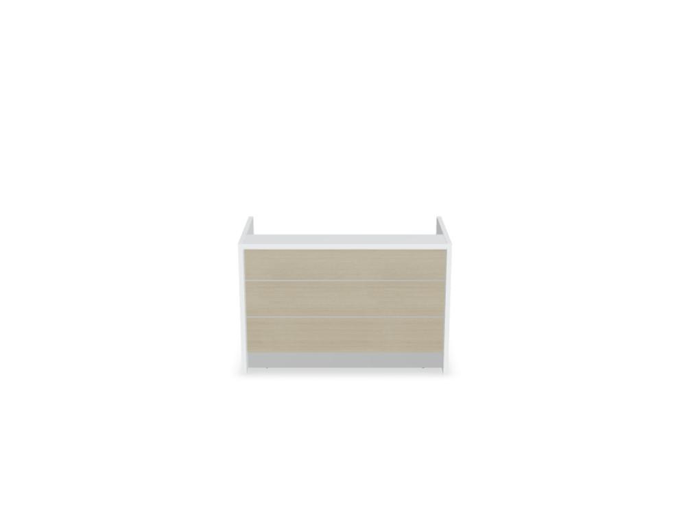Empfangstheke Valde in Weiss Pastell mit Glas-Oberplatte, Aluminium-Dekorstreifen, HPL-Hochglanzfront und durchgehender LED-Beleuchtung an der Thekenlänge