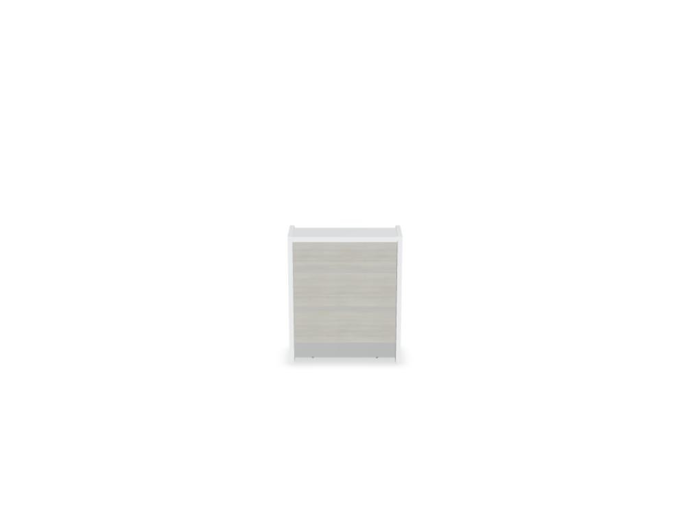 Empfangstheke Valde in Weiss Pastell mit Glas-Oberplatte, Aluminium-Dekorstreifen, HPL-Hochglanzfront und durchgehender LED-Beleuchtung an der Thekenlänge