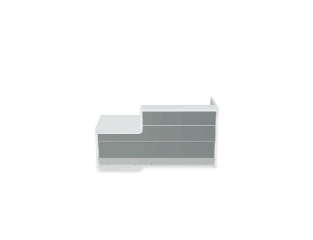 Empfangstheke Valde in Weiss Pastell mit Glas-Oberplatte, Aluminium-Dekorstreifen, HPL-Hochglanzfront und durchgehender LED-Beleuchtung an der Thekenlänge