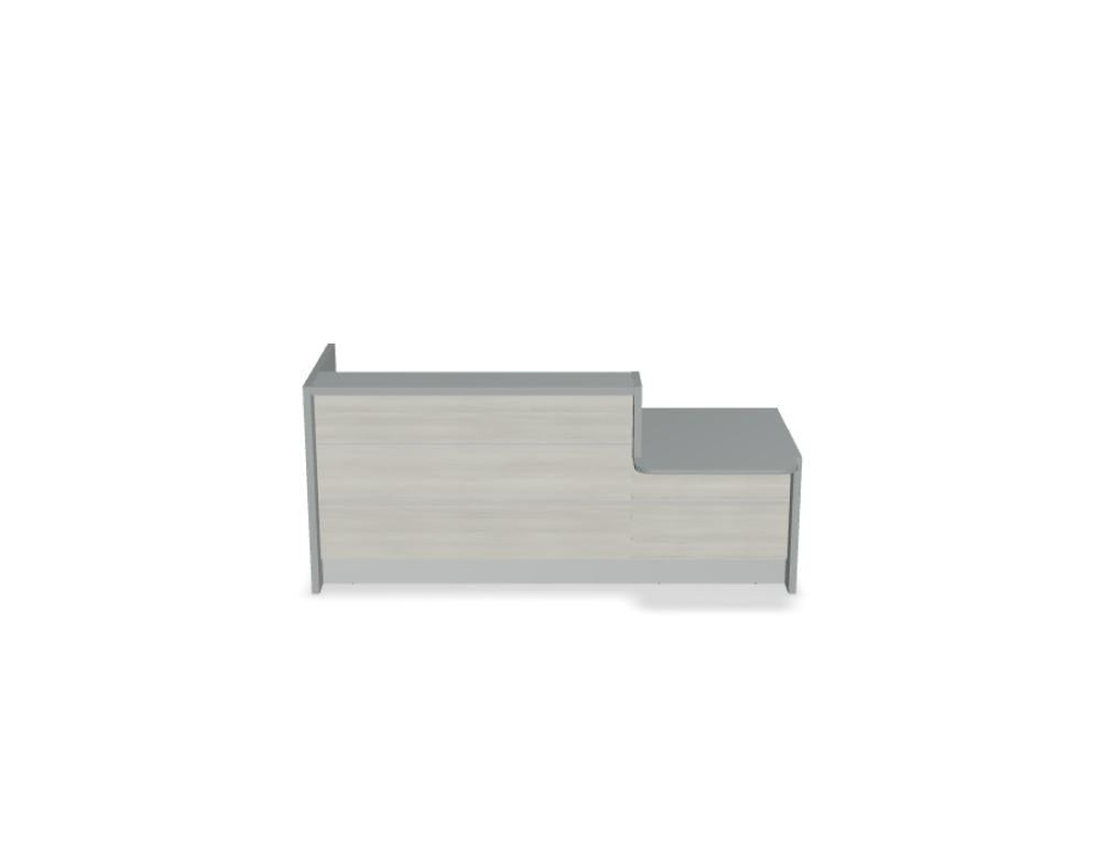 Empfangstheke Valde in Weiss Pastell mit Glas-Oberplatte, Aluminium-Dekorstreifen, HPL-Hochglanzfront und durchgehender LED-Beleuchtung an der Thekenlänge