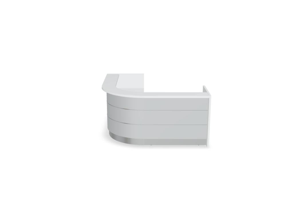 Empfangstheke Valde in Weiss Pastell mit Glas-Oberplatte, Aluminium-Dekorstreifen, HPL-Hochglanzfront und durchgehender LED-Beleuchtung an der Thekenlänge
