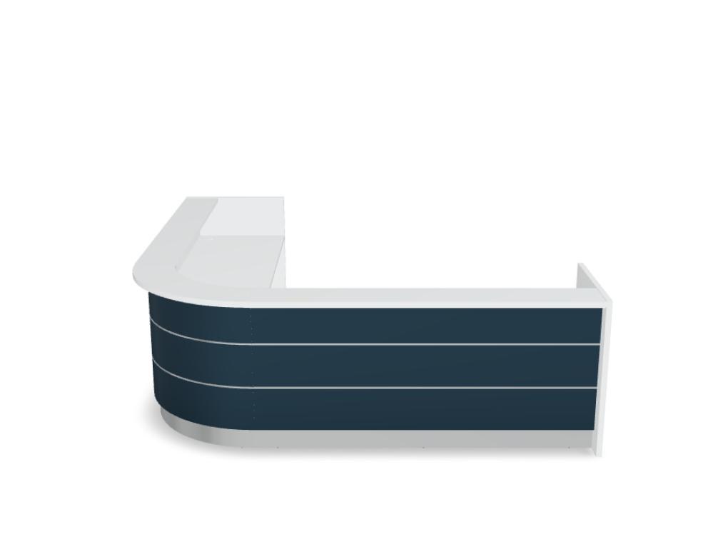 Empfangstheke Valde in Weiss Pastell mit Glas-Oberplatte, Aluminium-Dekorstreifen, HPL-Hochglanzfront und durchgehender LED-Beleuchtung an der Thekenlänge