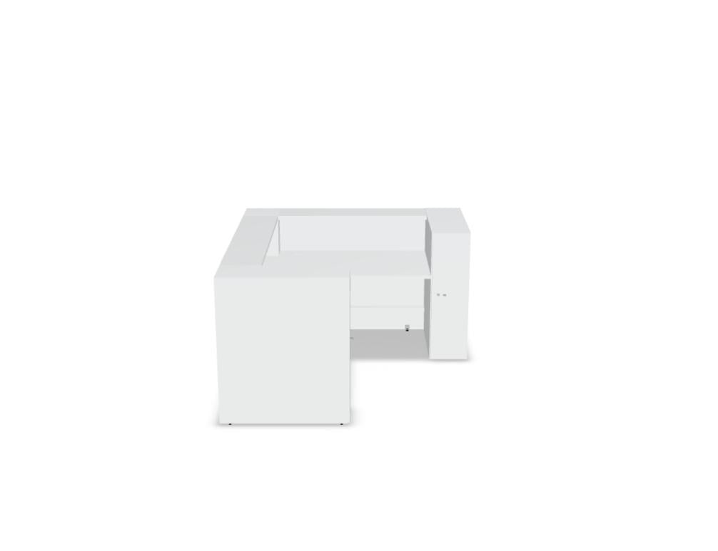 Empfangstheke Valde in Weiss Pastell mit Glas-Oberplatte, Aluminium-Dekorstreifen, HPL-Hochglanzfront und durchgehender LED-Beleuchtung an der Thekenlänge
