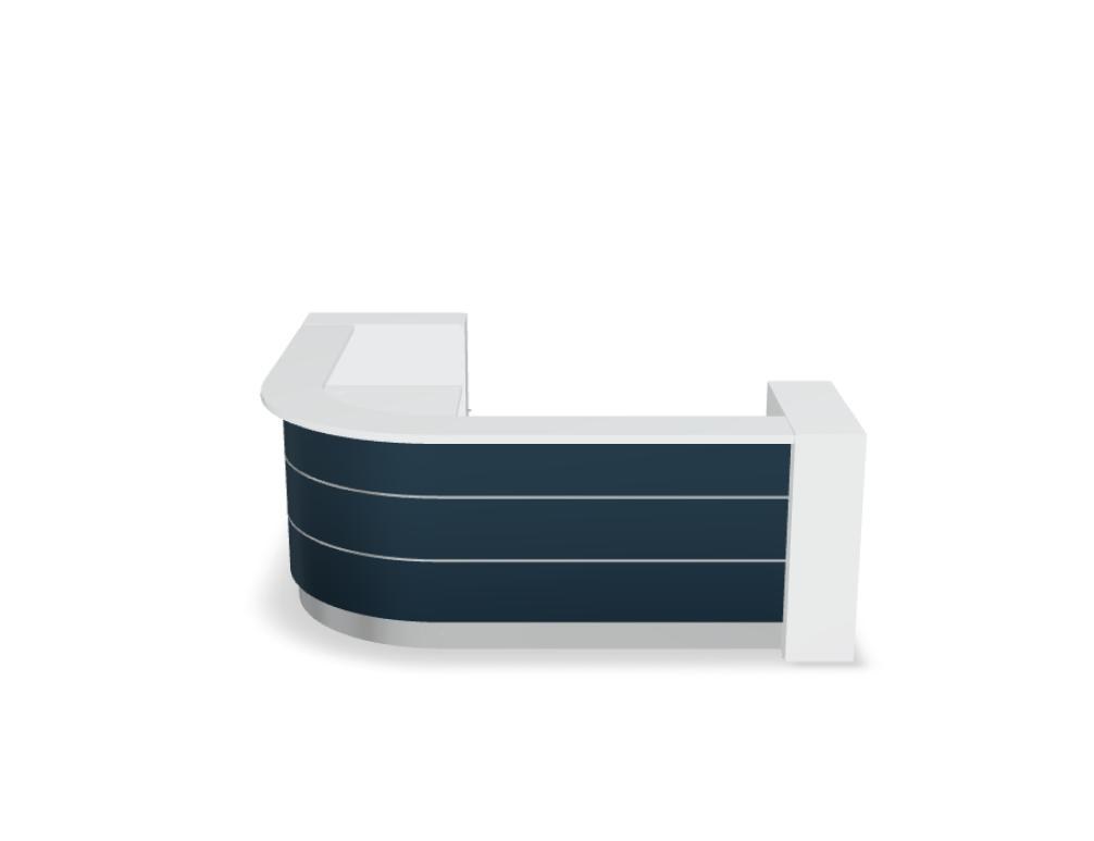Empfangstheke Valde in Weiss Pastell mit Glas-Oberplatte, Aluminium-Dekorstreifen, HPL-Hochglanzfront und durchgehender LED-Beleuchtung an der Thekenlänge