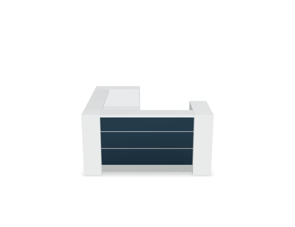 Empfangstheke Valde in Weiss Pastell mit Glas-Oberplatte, Aluminium-Dekorstreifen, HPL-Hochglanzfront und durchgehender LED-Beleuchtung an der Thekenlänge