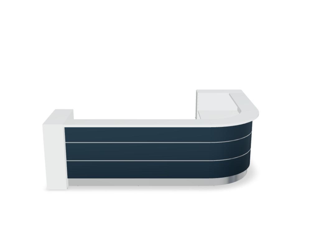 Empfangstheke Valde in Weiss Pastell mit Glas-Oberplatte, Aluminium-Dekorstreifen, HPL-Hochglanzfront und durchgehender LED-Beleuchtung an der Thekenlänge