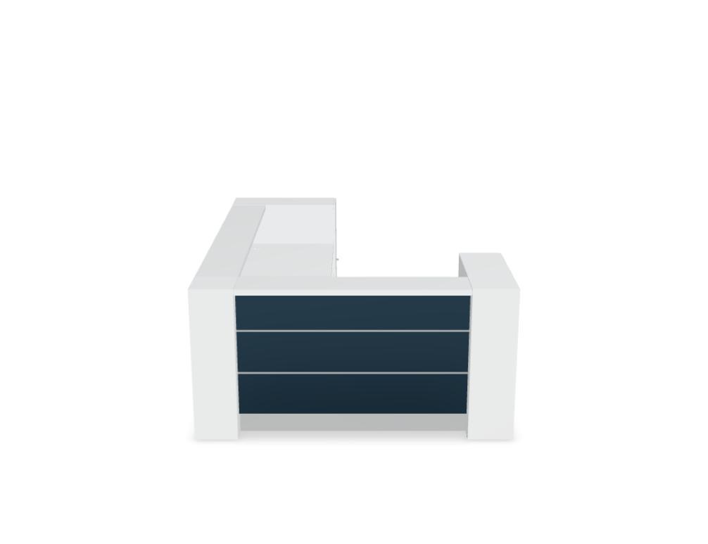Empfangstheke Valde in Weiss Pastell mit Glas-Oberplatte, Aluminium-Dekorstreifen, HPL-Hochglanzfront und durchgehender LED-Beleuchtung an der Thekenlänge