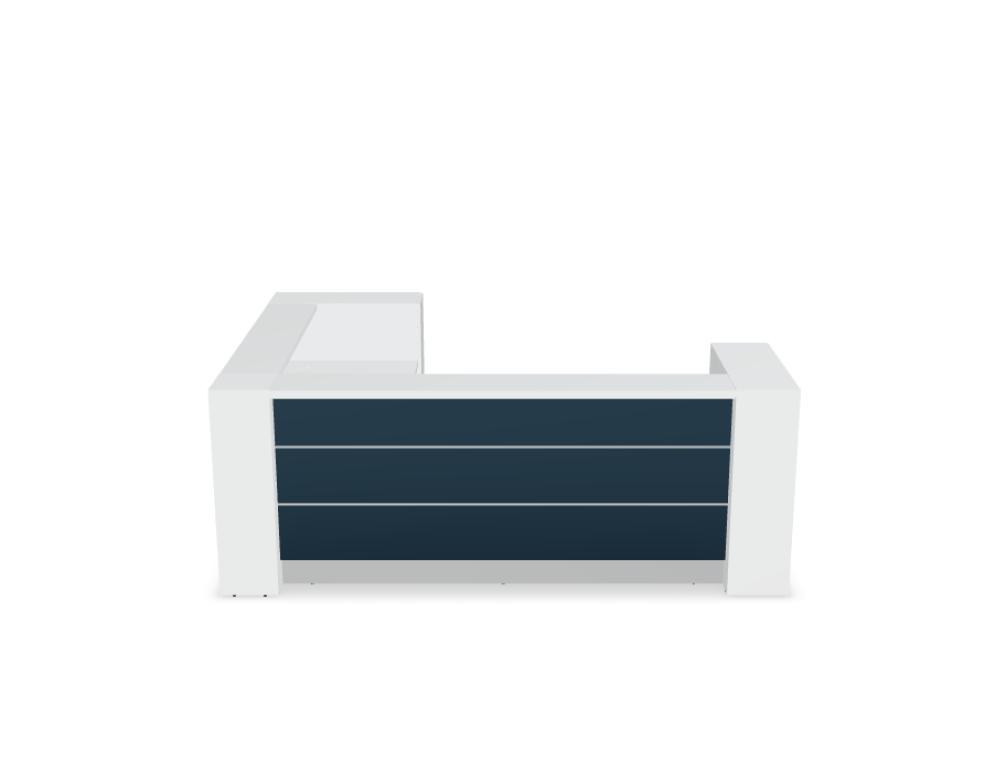 Empfangstheke Valde in Weiss Pastell mit Glas-Oberplatte, Aluminium-Dekorstreifen, HPL-Hochglanzfront und durchgehender LED-Beleuchtung an der Thekenlänge