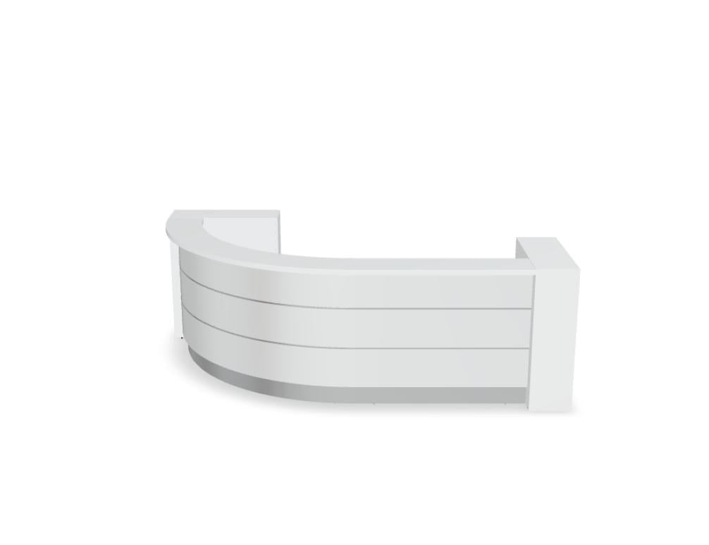 Empfangstheke Valde in Weiss Pastell mit Glas-Oberplatte, Aluminium-Dekorstreifen, HPL-Hochglanzfront und durchgehender LED-Beleuchtung an der Thekenlänge
