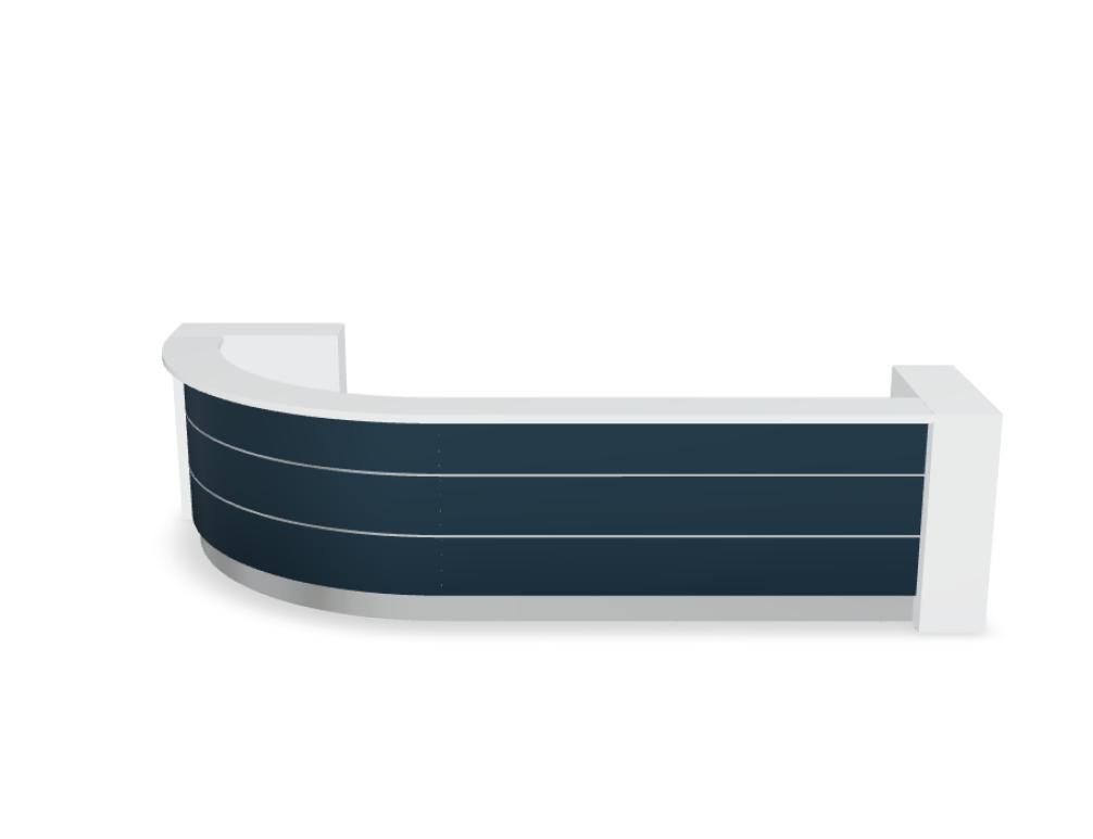 Empfangstheke Valde in Weiss Pastell mit Glas-Oberplatte, Aluminium-Dekorstreifen, HPL-Hochglanzfront und durchgehender LED-Beleuchtung an der Thekenlänge