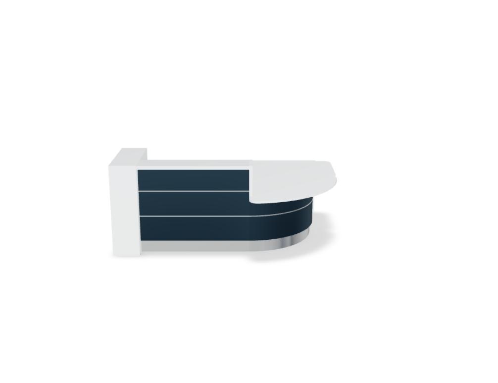Empfangstheke Valde in Weiss Pastell mit Glas-Oberplatte, Aluminium-Dekorstreifen, HPL-Hochglanzfront und durchgehender LED-Beleuchtung an der Thekenlänge