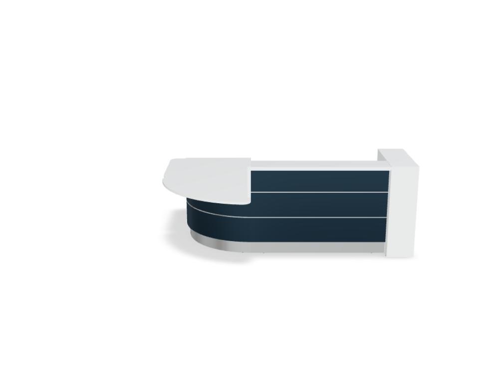 Empfangstheke Valde in Weiss Pastell mit Glas-Oberplatte, Aluminium-Dekorstreifen, HPL-Hochglanzfront und durchgehender LED-Beleuchtung an der Thekenlänge
