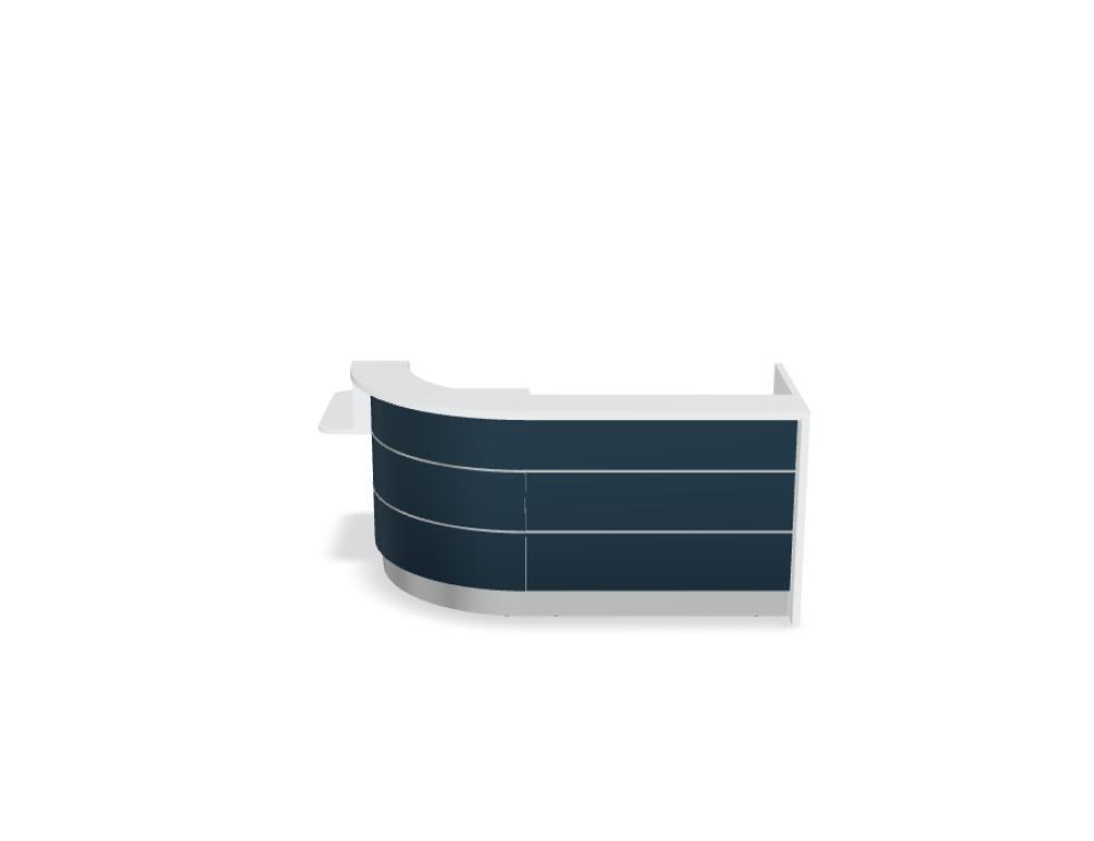 Empfangstheke Valde in Weiss Pastell mit Glas-Oberplatte, Aluminium-Dekorstreifen, HPL-Hochglanzfront und durchgehender LED-Beleuchtung an der Thekenlänge